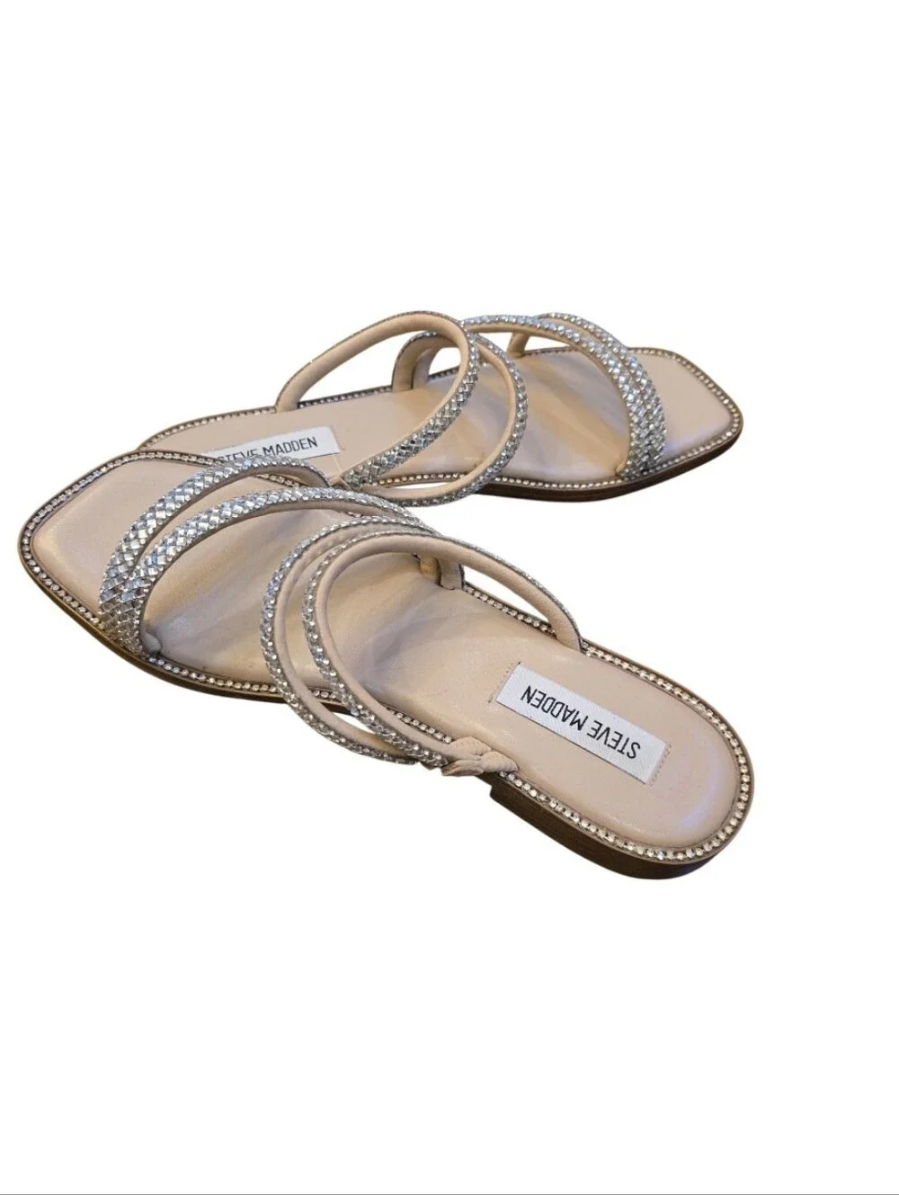 Steve Madden Starie Rhinestone Strappy Flat Sandals Silver Size 8.5